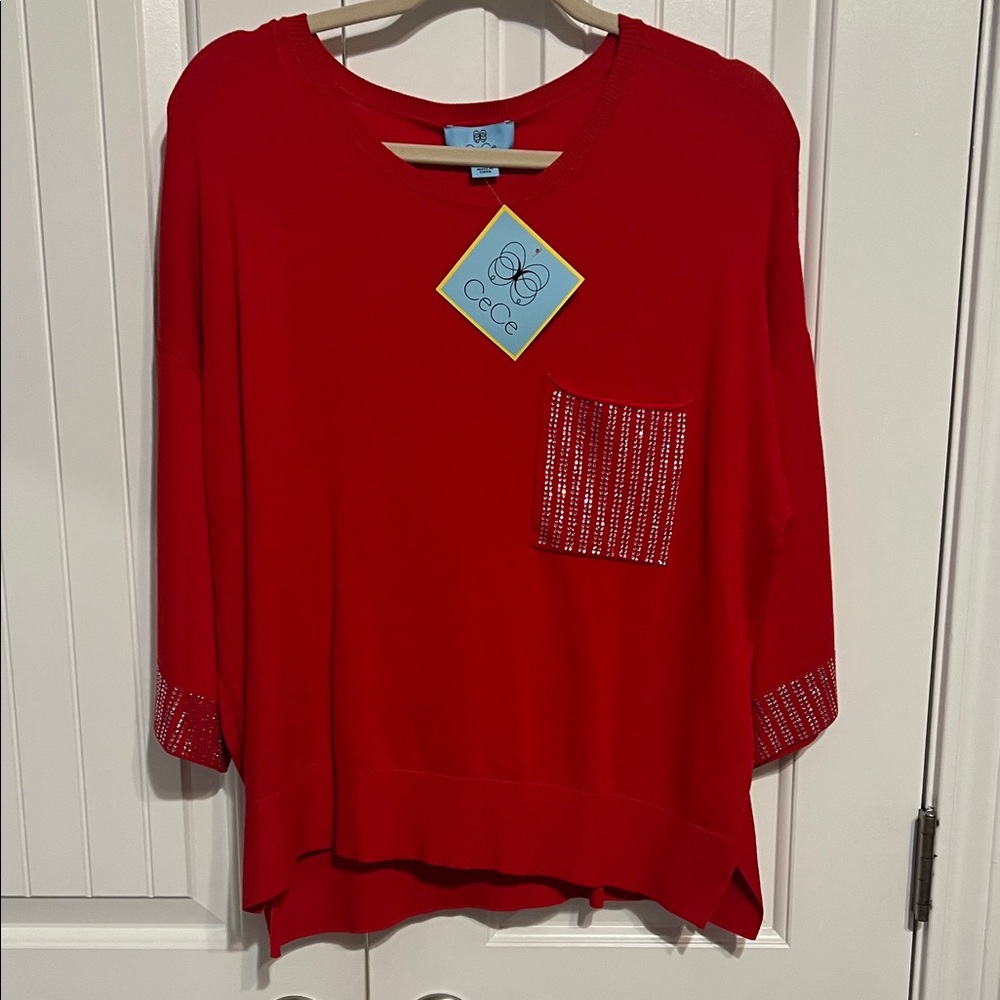 CeCe Red Blouse with Pocket and Cuff Detail